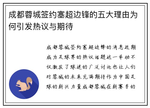 成都蓉城签约塞超边锋的五大理由为何引发热议与期待